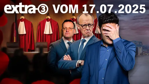 Links CDU-Fraktionschef Spahn, rechts daneben Bundeskanzler Merz. Daneben Christian Ehring. (extra 3 vom 17.07.2025 im Ersten) (Bild hat KI-generierte Elemente)