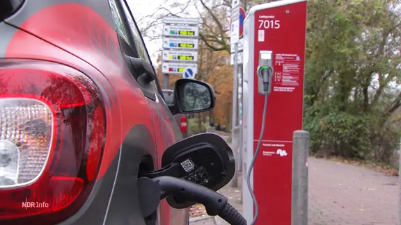 Ein E-Auto wird an einer Ladesäule aufgeladen.