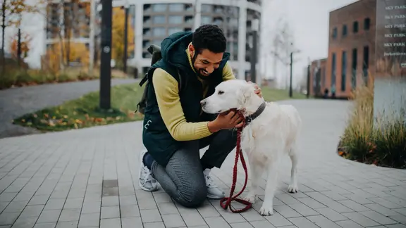 Ein Mann kniet in einem Großstadtsetting auf dem Bden und krault lächeldn einen Hund.