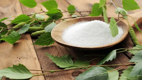 Birkenzucker auf einem Holzlöffel.