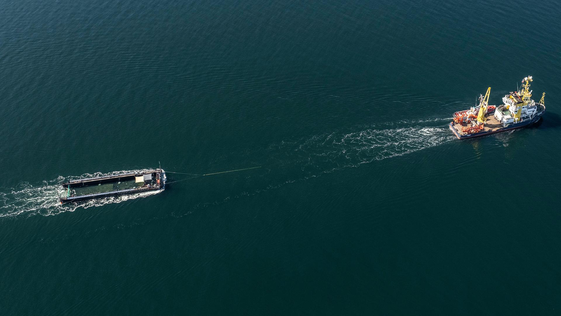 Ein Schiff zieht ein Schwimmdock mit einem Buckelwal vor der dÃ¤nischen OstseekÃ¼ste. | Per Rasmussen
