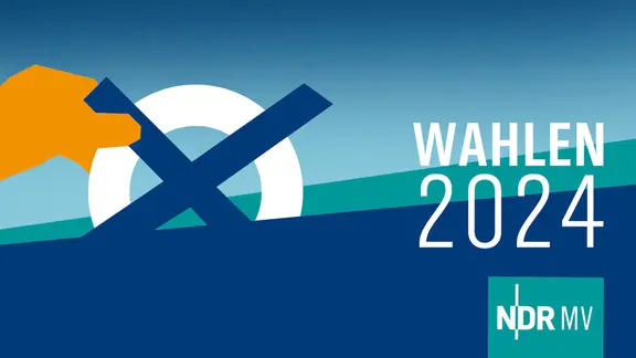 Grafik: Eine Hand hält ein Kreuz aus dicken blauen Balken in einen weißen Kreis. Weißer Text: "Wahlen 2024" auf verschieden Blautönen. Unten rechts Logo NDR MV.