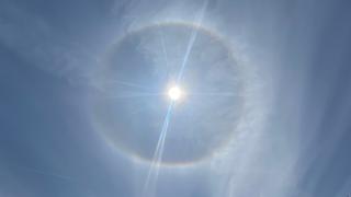 Ein Kreis aus Licht umspielt die hoch am Himmel stehende Sonne