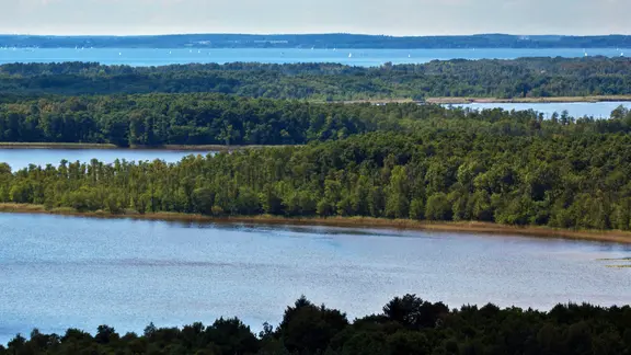 Vom Käflingsbergturm reicht der Blick bis an die Müritz. | imago images/blickwinkel, M. Willner Malerischer See im Müritz-Nationalpark
