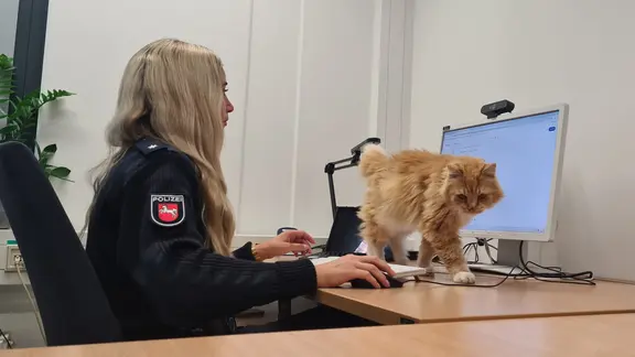 Kater Barney besucht Kommissarin Lena von der Polizei Göttingen an ihrem Schreibtisch.