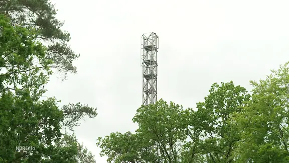 Blick auf den abgeschalteten Funkturm. 