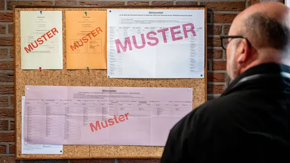 Ein Mann schaut in einem Wahllokal die Muster der Stimmzettel an.