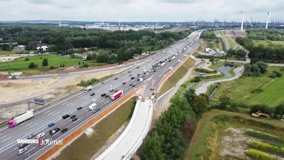 Vogelperspektive: Verkehr auf der A7, im Hintergrund die Skyline von Hamburg.