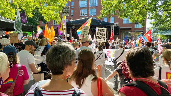 Demonstranten bei der Demo gegen den "Kinderschutzkongress" der AfD in Hannover.