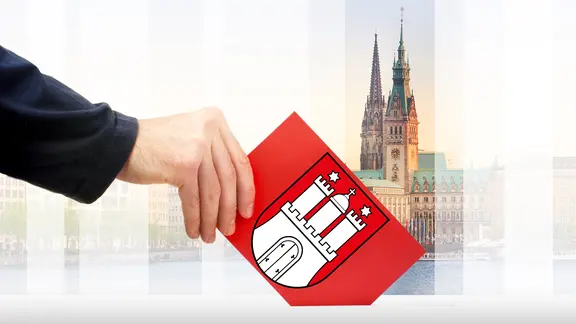 Ein Stimmzettel mit dem Hamburg-Wappen wird in eine Wahlurne geworfen. Im Hintergrund Alster und Rathaus.