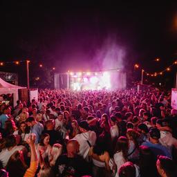 Eine große Menschenmenge steht nachts vor einer hell erleuchteten Bühne. Auf der Bühne findet ein Konzert statt.