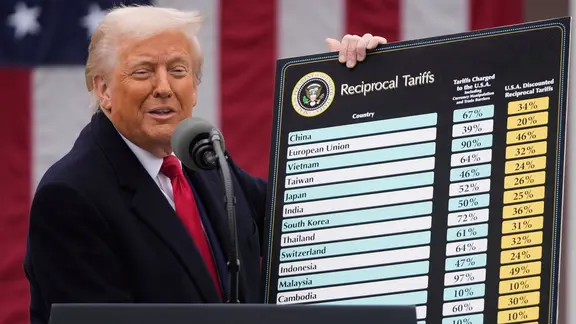 US-Präsident Donald Trump spricht während einer Veranstaltung zur Ankündigung neuer Zölle im Rosengarten des Weißen Hauses. | dpa bildfunk/AP, Mark Schiefelbein US-Präsident Donald Trump spricht während einer Veranstaltung zur Ankündigung neuer Zölle im Rosengarten des Weißen Hauses.