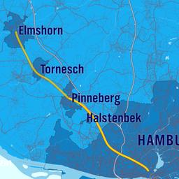 Eine Karte mit dem geplanten Radschnellweg von Pinneberg über Halstenbek bis Hamburg