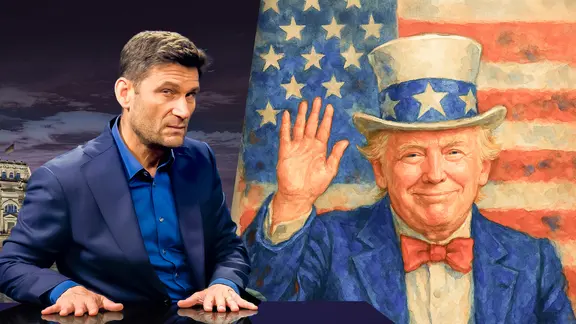 US-Präsident Donald Trump winkt zum Abschied vor einer US-Flagge. Daneben Christian Ehring. (extra 3 vom 19.06.2025 im Ersten) (Bild hat KI-generierte Elemente)