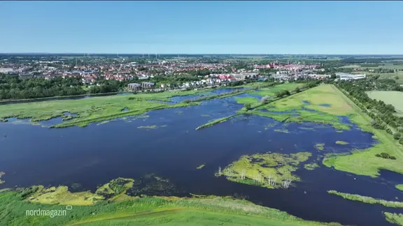 Aerial view of a large moorland area with some water surfaces near Greifswald