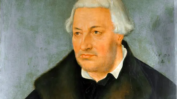 Johannes Bugenhagen, Ausschnitt eines Gemälde von Lucas Cranach dem Jüngeren, 1555.