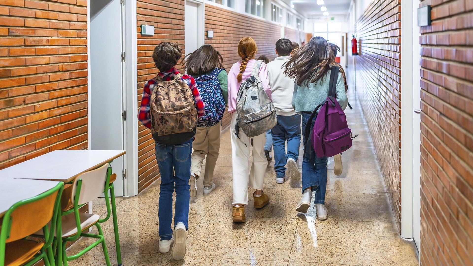 Rückansicht von Grundschülern, die  den Schulflur entlanglaufen. | picture alliance / imageBROKER | Unai Huizi
