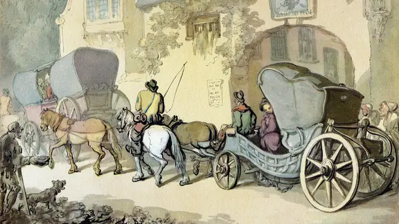 Postwesen in Deutschland, ca. 1780-1825, Reisende vor einem Gasthaus (Thomas Rowlandson)