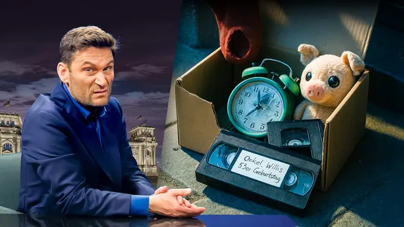Eine Liste mit altem Kram zu verschenken. Daneben Christian Ehring. (extra 3 vom 26.06.2025 im Ersten) (Bild hat KI-generierte Elemente)