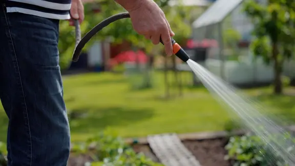 Eine Person bewässert ein Beet mit einem Gartenschlauch