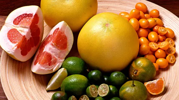 Veschiedene Zitrusfrüchte liegen in einer Schale.