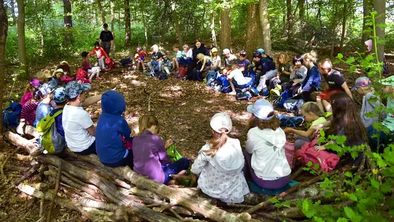 Viele Kinder sitzen draußen in einem Kreis mitten im Wald.