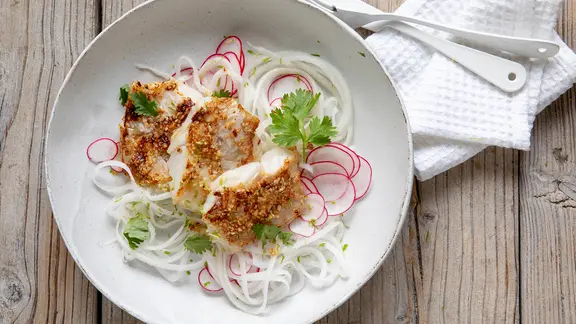 Fisch mit knuspriger Hülle liegt auf einem Teller, daneben Radieschenscheiben. | ZS-Verlag, Claudia Timmann Fisch mit knuspriger Hülle liegt auf einem Teller, daneben Radieschenscheiben.