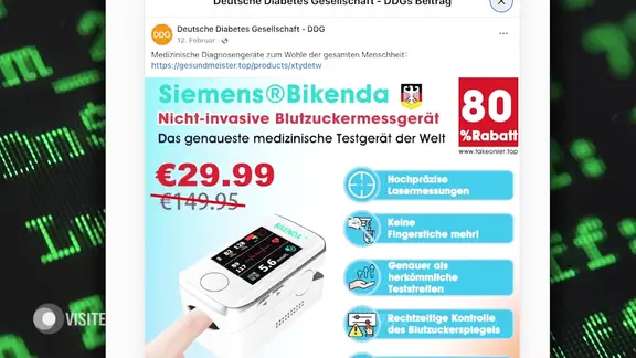 Ein Screenshot einer Werbeanzeige für ein gefälschtes Blutzuckermessgerät