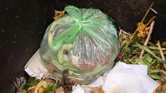 Ein Plastikmüllsack liegt in einer Biotonne.