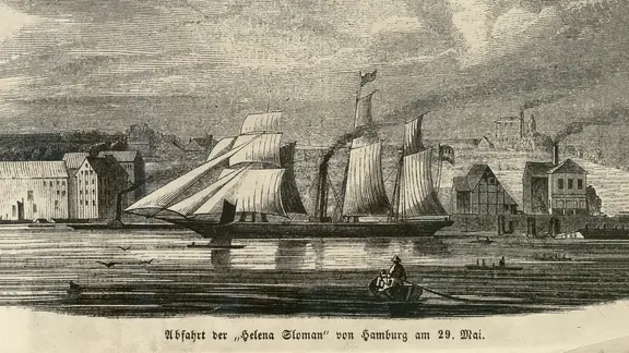 Das Dampfschiff "Helena Sloman", 1850. Der Schraubendampfer war für den Passagierverkehr zwischen Hamburg und New York bestimmt.
