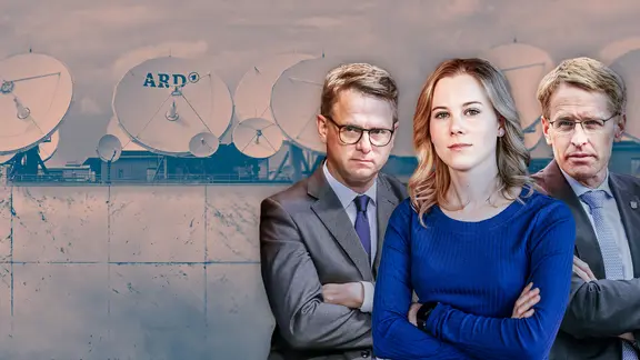 Collage: Carsten Linnemann, Julia Ruhs und Daniel Günther von ARD-Gebäude