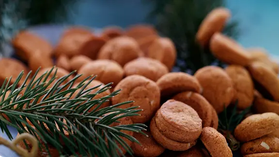 Runde Pfeffernüsse liegen auf einem Teller, daneben ein Tannenzweig.