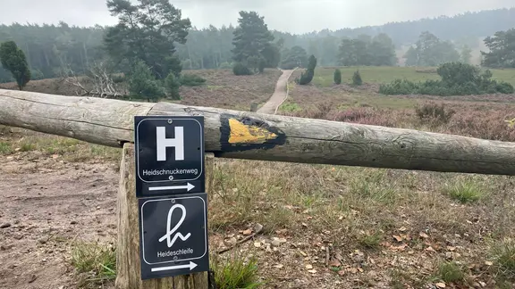 Der Heidschnuckenweg und die Rundwanderwege sind gut ausgeschildert. | NDR, Nathalie Komaromi Wegmarkierungen am Heide-Rundwanderweg Büsenbachtal