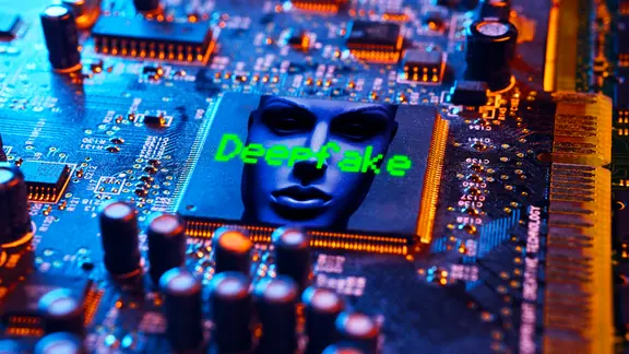 Mikrochip mit Aufschrift Deepfake und Frauengesicht.