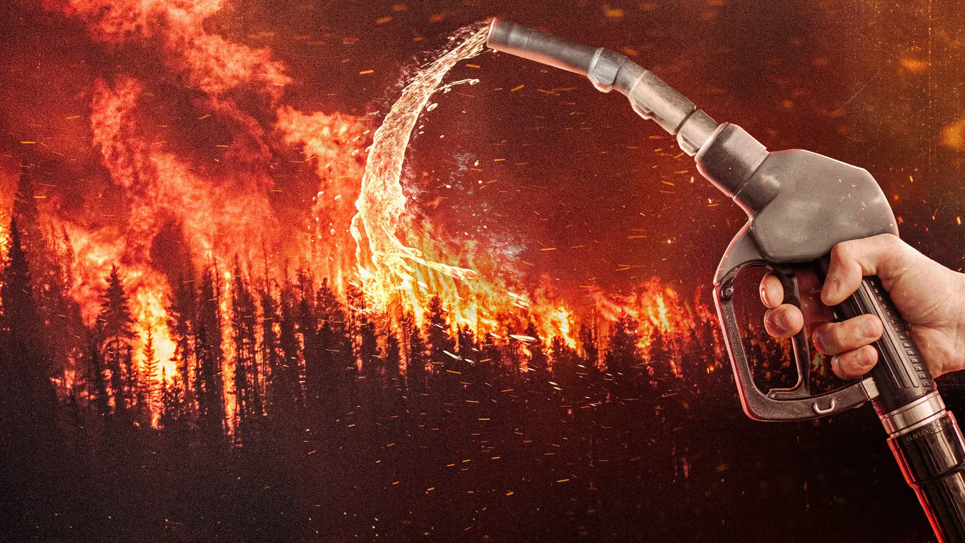 Fotomontage einer Zapfpistole aus der Benzin auf einen brennenden Wald regnet