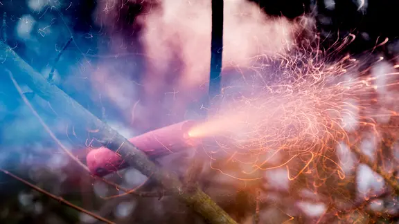 Die Lunte eines Silvesterböllers, der zwischen Ästen steckt, brennt in Hannover.