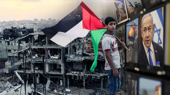 Fotomontage eines Jungen mit Palästina-Flagge und Benjamin Netanjahu