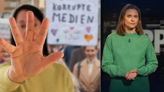 Moderatorin Kathrin Drehkopf, daneben eine Person, die nicht mit der Presse sprechen möchte.