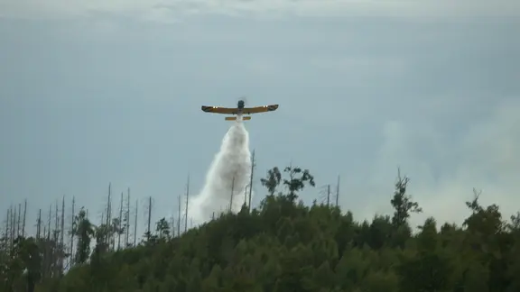 Ein Löschflugzeug fliegt über einem Waldbrand bei Goslar.