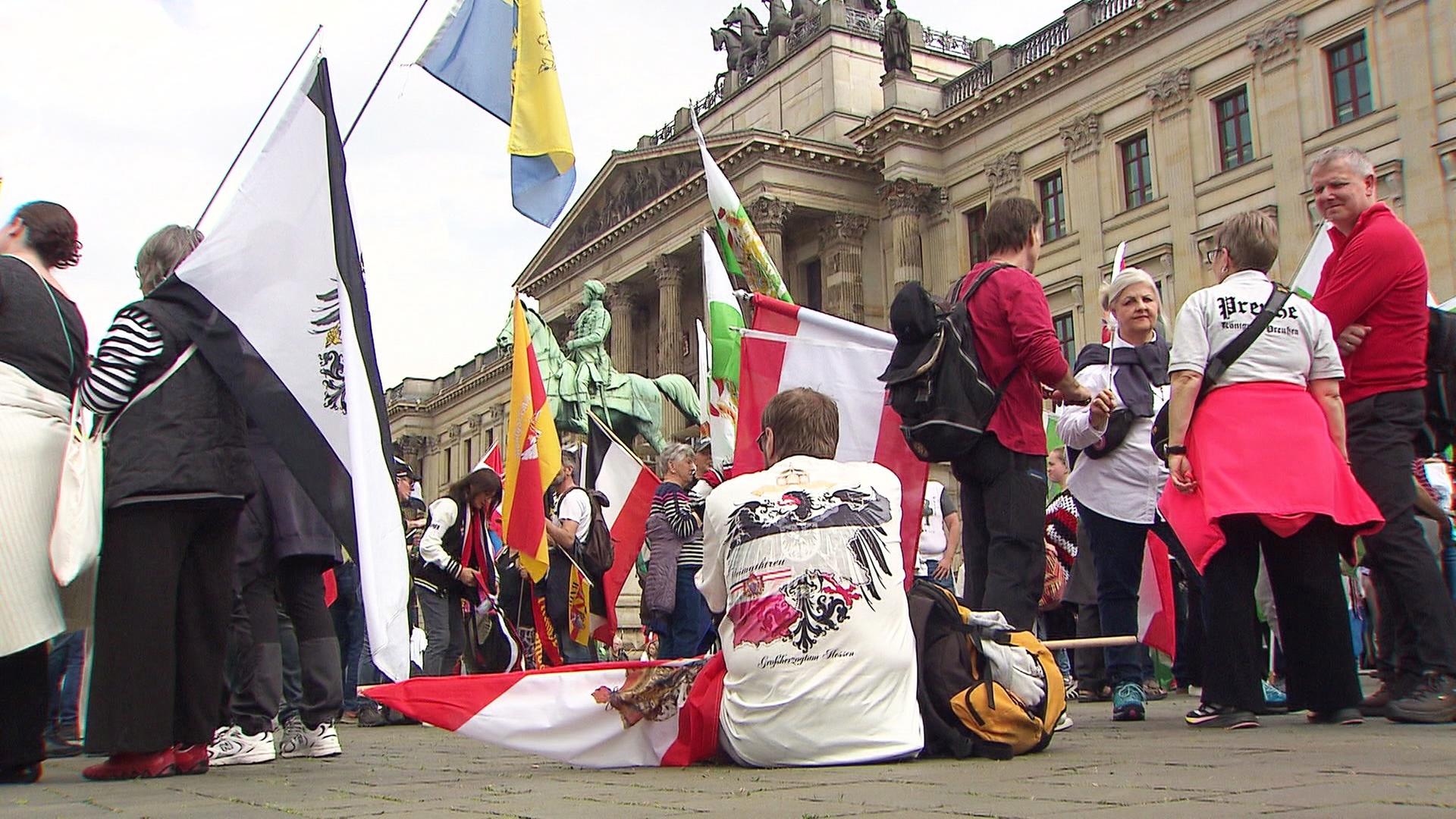 Personen mit Flaggen auf einer Demo. | Screenshot