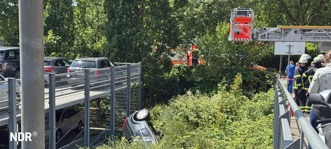 Am Parkhaus des AK barmbek in Hamburg ist ein Auto in einen Grünzu gestürzt. Einsatzkräfte der Feuerwehr sind rechts zu sehen. | NDR / Elias Bartl Am Parkhaus des AK barmbek in Hamburg ist ein Auto in einen Grünzu gestürzt. Einsatzkräfte der Feuerwehr sind rechts zu sehen.