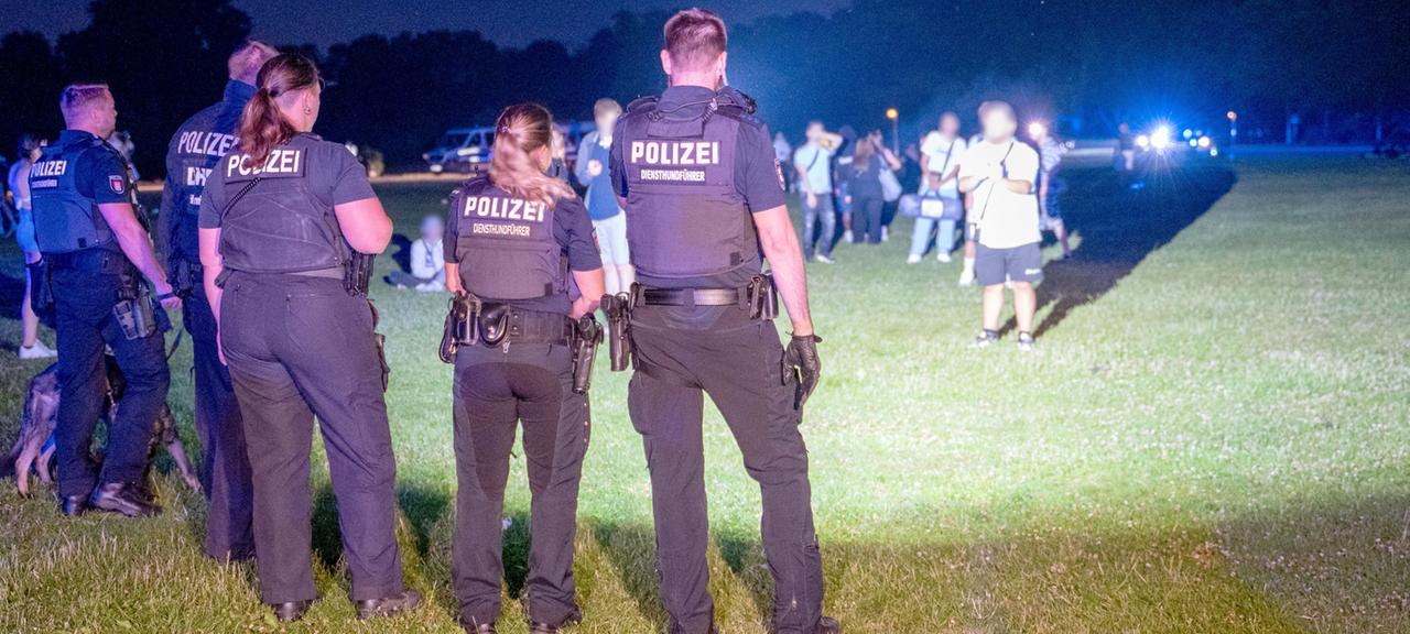 Einsatzkräfte der Polizei und Jugendliche stehen sich im Hamburger Stadtpark gegenüber. 