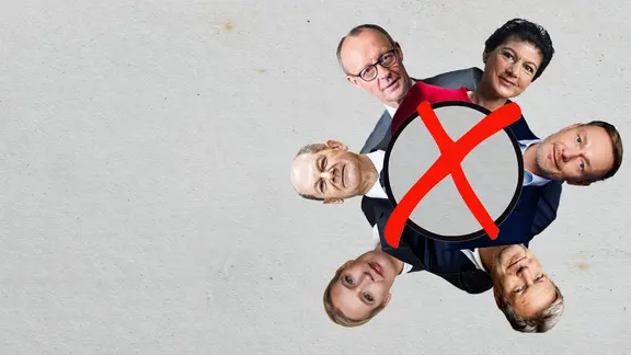 Kreis aus Köpfen der Spitzenpolitiker Robert Habeck, Olaf Scholz, Christian Lindner, Sahra Wagenknecht, Friedrich Merz, Alice Weidel. In der Mitte ist ein rotes Kreuz