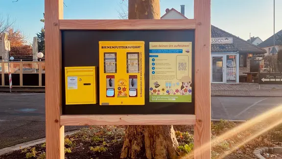 Blick auf einen Bienenfutterautomaten.