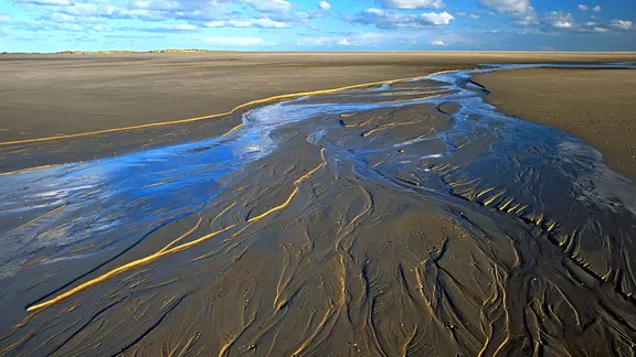 Das Wattenmeer und ein Priel bei Ebbe.