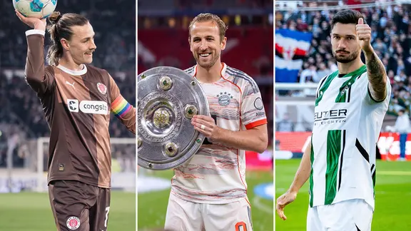 Die Bild-Collage zeigt Jackson Irvine (l.), Harry Kane (M.) und Tim Kleindienst (r.).