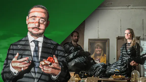 Ein Mafiaboss, rechts eine Frau und Mann mit einem Leichensack. (extra 3 vom 26.06.2025 im Ersten) (Bild hat KI-generierte Elemente)