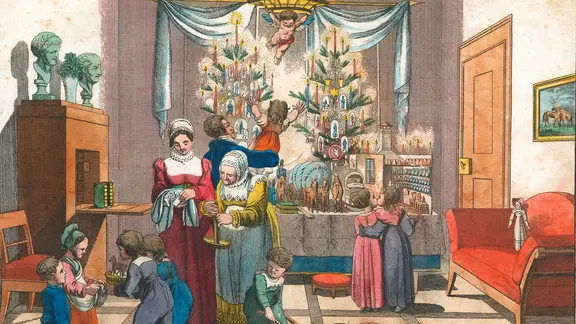 Altkolorierter Kupferstich eines Heiligen Abends von Johann Michael Voltz (1784-1858).