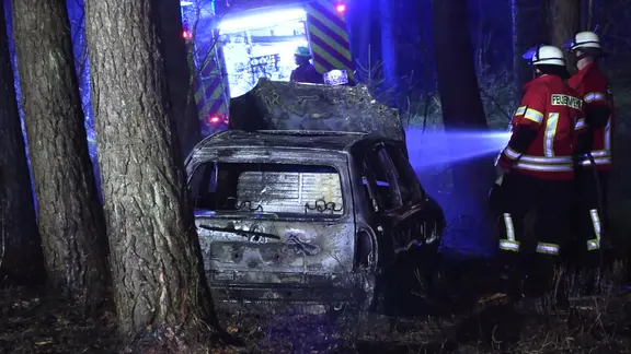 In einem Waldstück löschen Feuerwehrleute im Dunkeln ein ausgebranntes Auto.