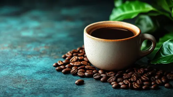 Eine Tasse mit Kaffee steht inmitten von Kaffeebohnen auf einem Tisch.